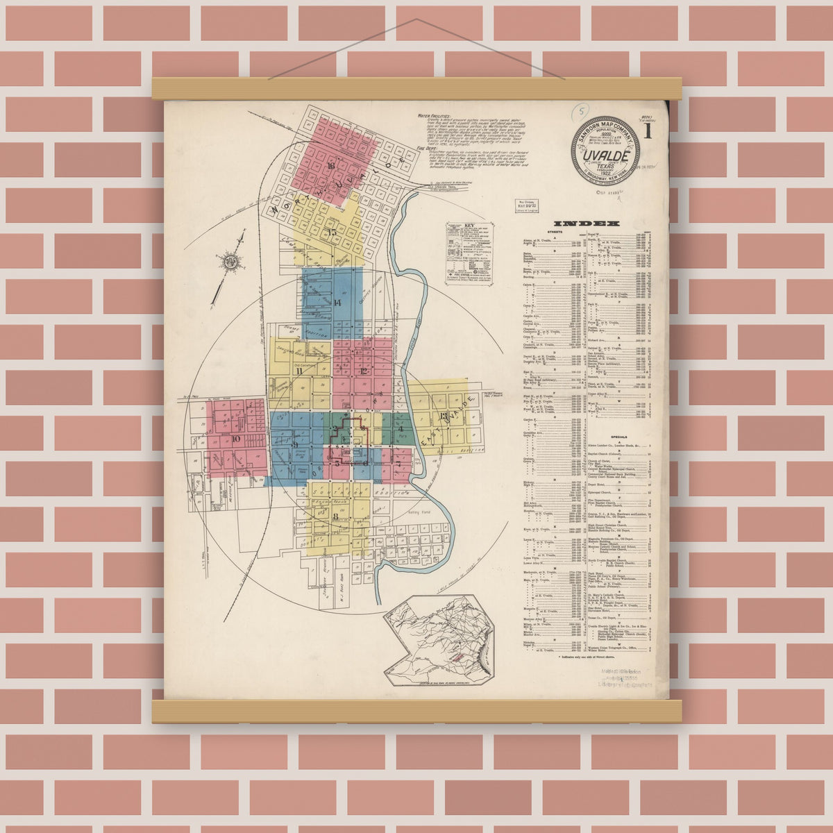 Old map wall art mockup — magnetic wood frame on brick wall — Sanborn Fire Insurance Map from Uvalde, Uvalde County, Texas (1922) - Complete Map Set