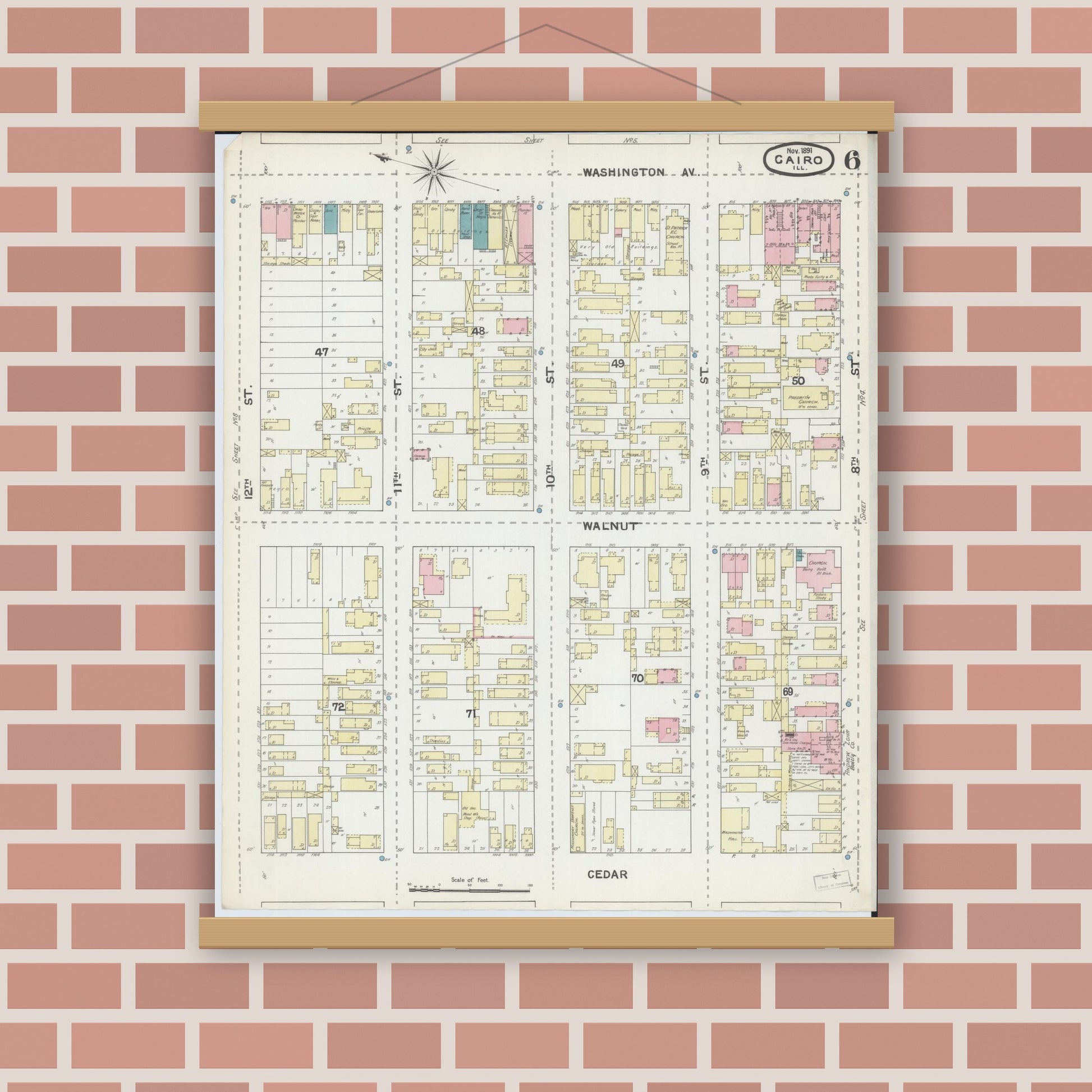 Old map wall art mockup — magnetic wood frame on brick wall — Sanborn Fire Insurance Map from Cairo, Alexander County, Illinois (1891), Sheet #0006