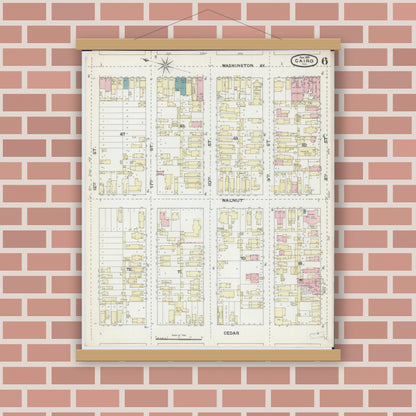 Old map wall art mockup — magnetic wood frame on brick wall — Sanborn Fire Insurance Map from Cairo, Alexander County, Illinois (1891), Sheet #0006