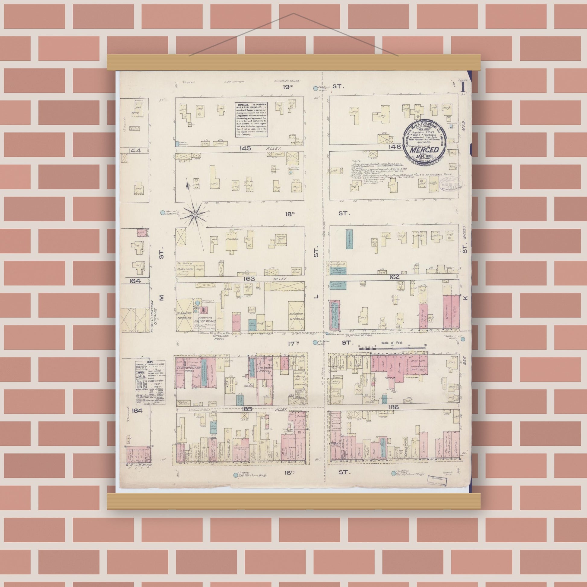 Old map wall art mockup — magnetic wood frame on brick wall — Sanborn Fire Insurance Map from Merced, Merced County, California (1885) - Complete Map Set