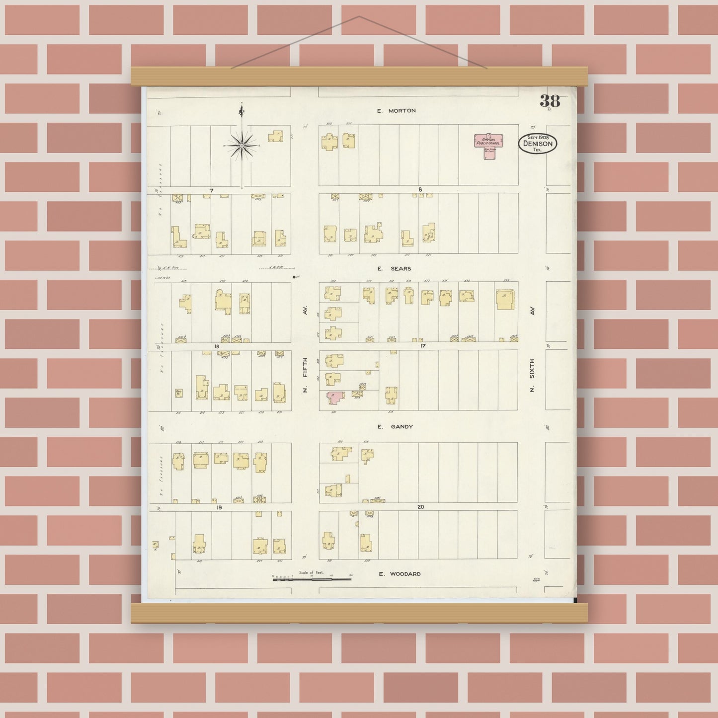 Old map wall art mockup — magnetic wood frame on brick wall — Sanborn Fire Insurance Map from Denison, Grayson County, Texas (1908), Sheet #0038