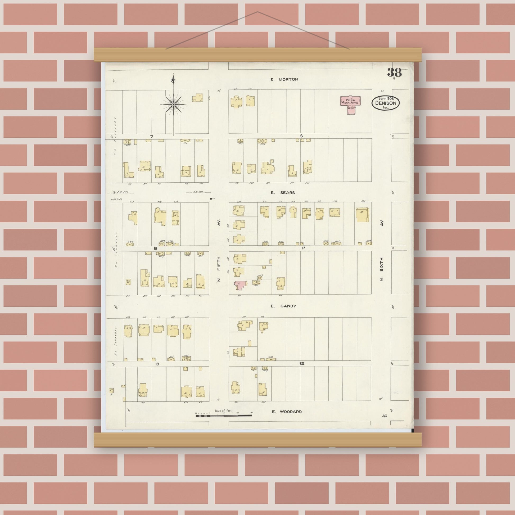 Old map wall art mockup — magnetic wood frame on brick wall — Sanborn Fire Insurance Map from Denison, Grayson County, Texas (1908), Sheet #0038