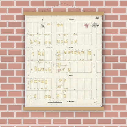 Old map wall art mockup — magnetic wood frame on brick wall — Sanborn Fire Insurance Map from Denison, Grayson County, Texas (1908), Sheet #0038