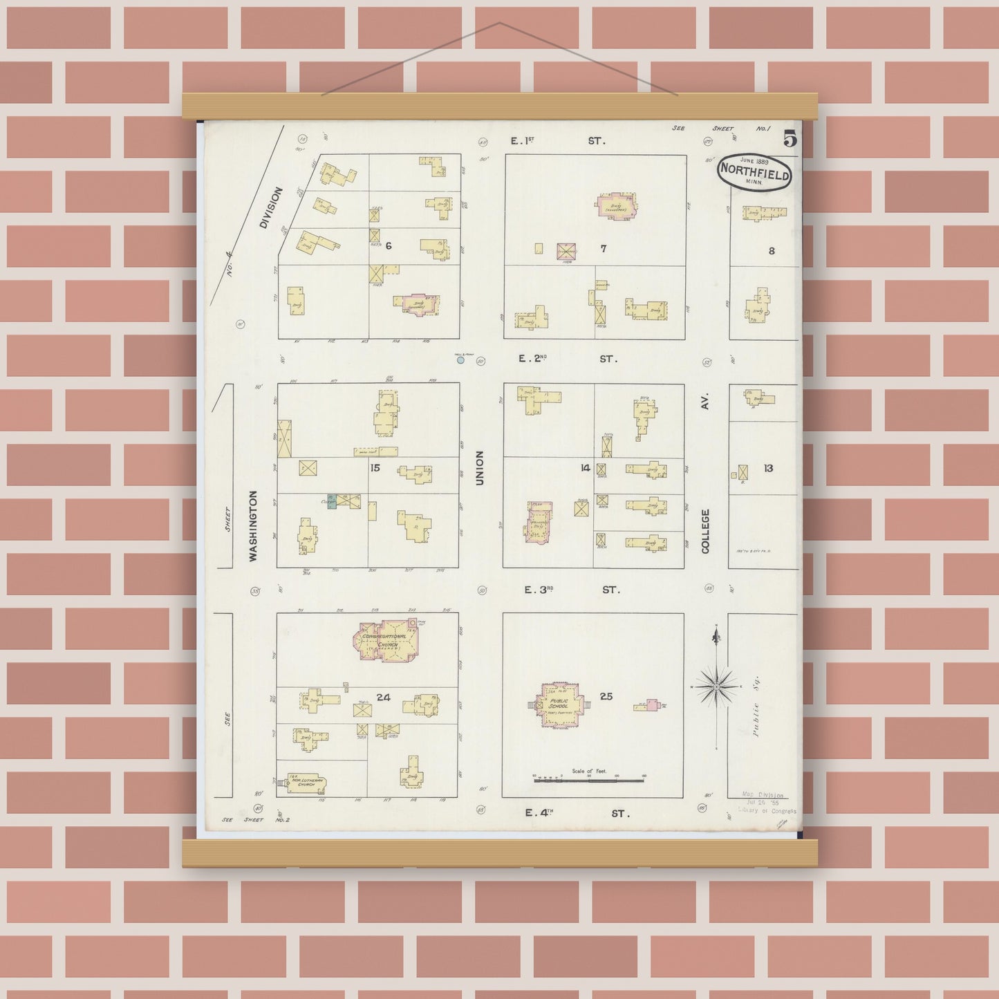 Old map wall art mockup — magnetic wood frame on brick wall — Sanborn Fire Insurance Map from Northfield, Rice County, Minnesota (1889), Sheet #0005
