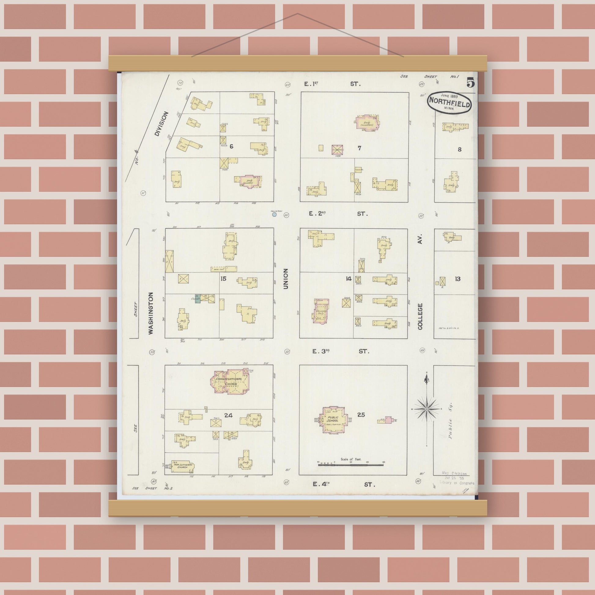 Old map wall art mockup — magnetic wood frame on brick wall — Sanborn Fire Insurance Map from Northfield, Rice County, Minnesota (1889), Sheet #0005