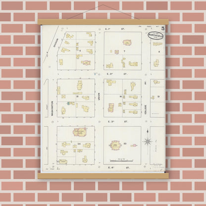 Old map wall art mockup — magnetic wood frame on brick wall — Sanborn Fire Insurance Map from Northfield, Rice County, Minnesota (1889), Sheet #0005
