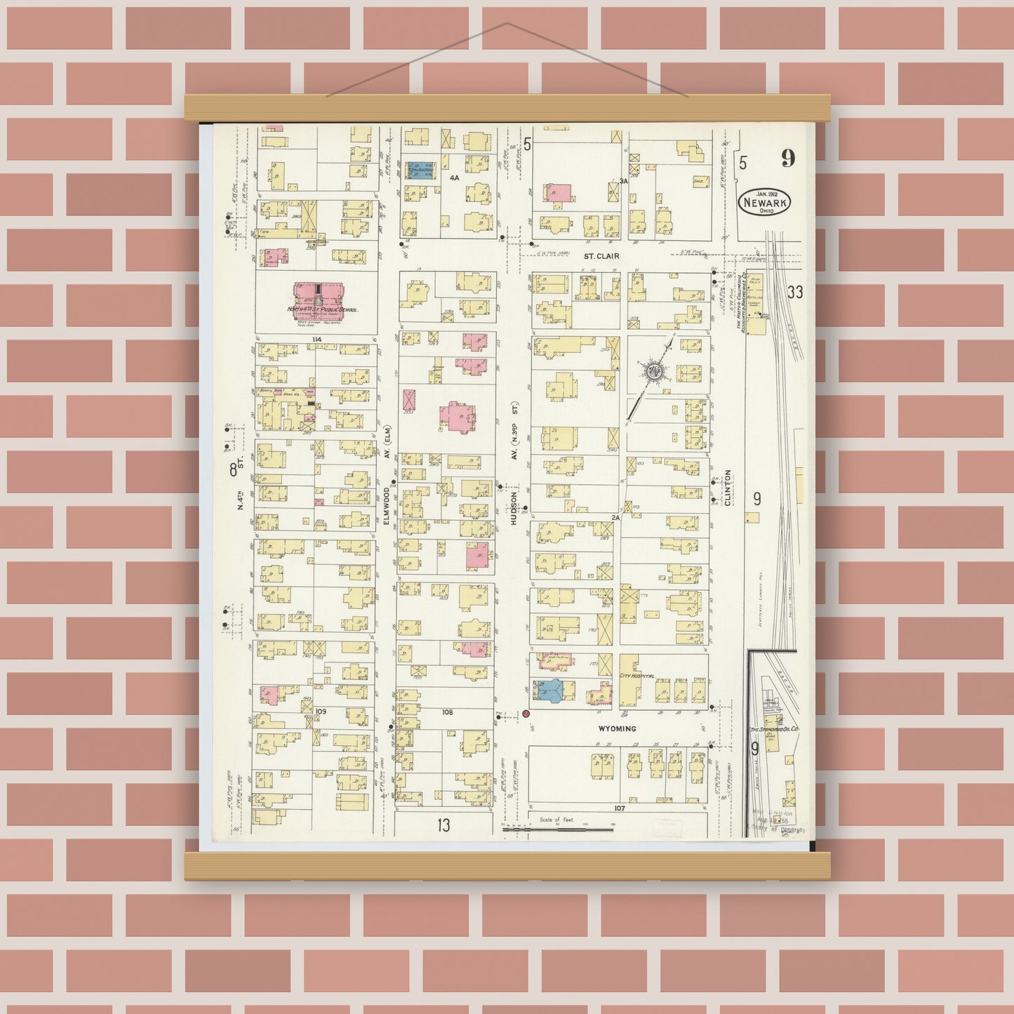 Old map wall art mockup — magnetic wood frame on brick wall — Sanborn Fire Insurance Map from Newark, Licking County, Ohio (1912), Sheet #0009