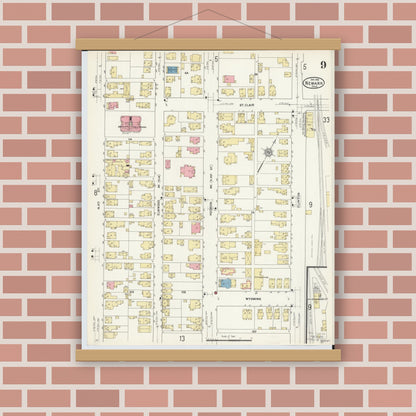 Old map wall art mockup — magnetic wood frame on brick wall — Sanborn Fire Insurance Map from Newark, Licking County, Ohio (1912), Sheet #0009