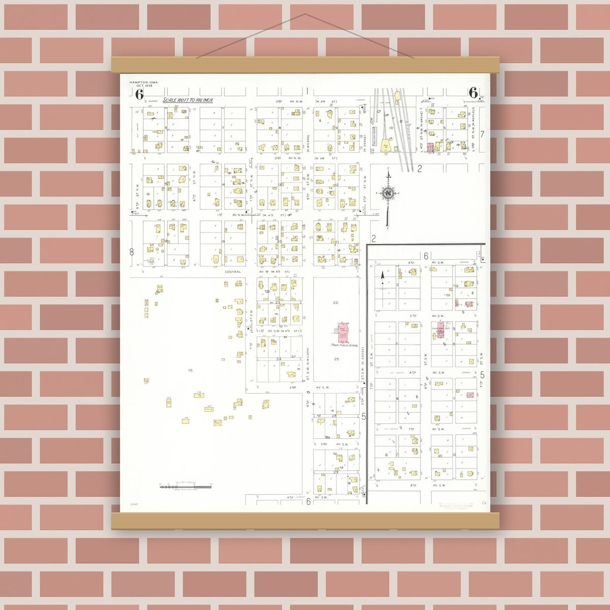 Old map wall art mockup — magnetic wood frame on brick wall — Sanborn Fire Insurance Map from Hampton, Franklin County, Iowa (1938), Sheet #0006
