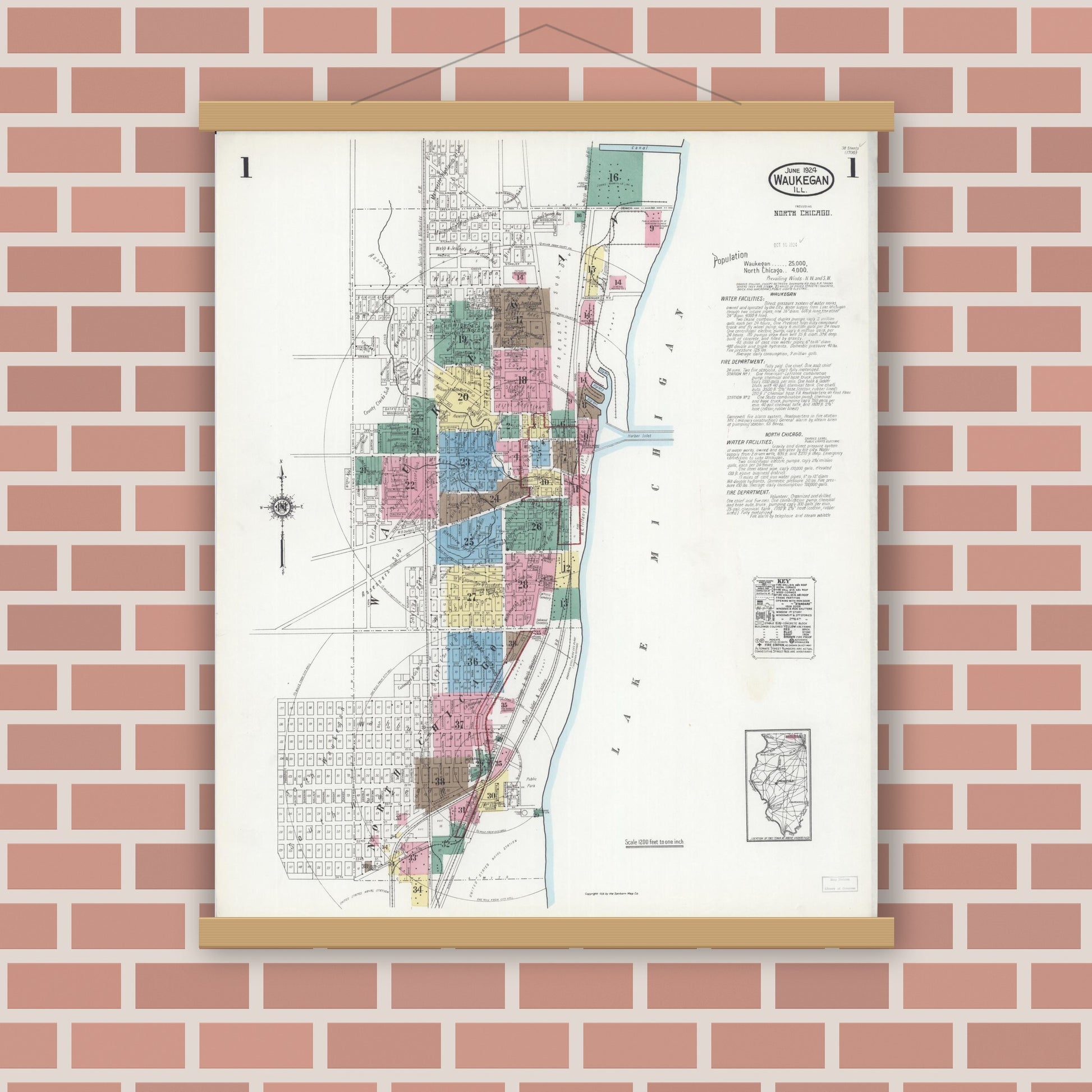 Old map wall art mockup — magnetic wood frame on brick wall — Sanborn Fire Insurance Map from Waukegan, Lake County, Illinois (1924), Sheet #0001