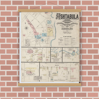 Old map wall art mockup — magnetic wood frame on brick wall — Sanborn Fire Insurance Map from Ashtabula, Ashtabula County, Ohio (1884), Sheet #0001