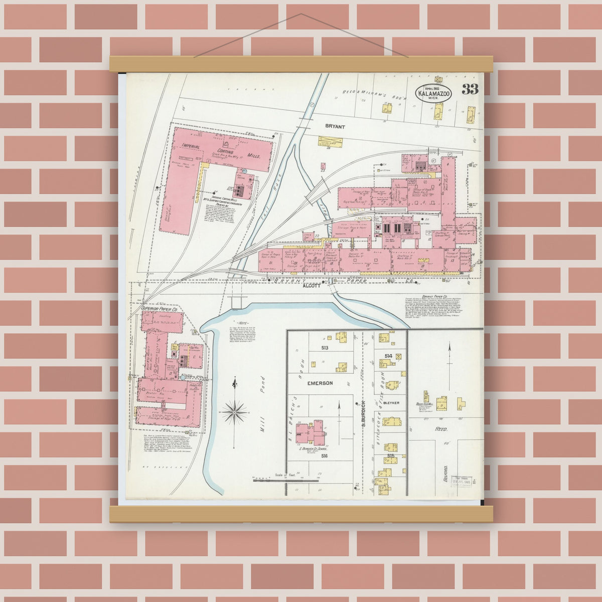 Old map wall art mockup — magnetic wood frame on brick wall — Sanborn Fire Insurance Map from Kalamazoo, Kalamazoo County, Michigan (1902), Sheet #0033