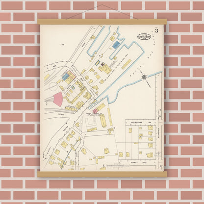 Old map wall art mockup — magnetic wood frame on brick wall — Sanborn Fire Insurance Map from Oyster Bay, Nassau County, New York (1922), Sheet #0003