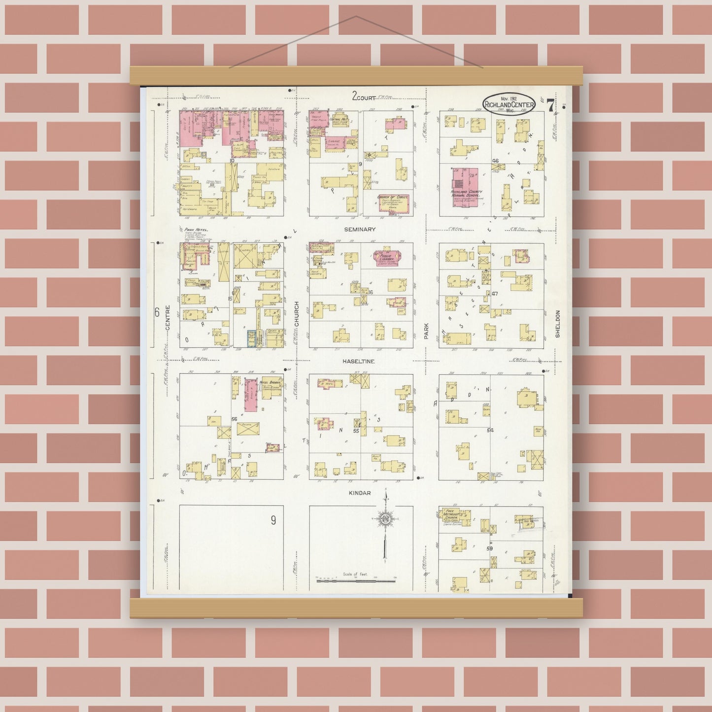 Old map wall art mockup — magnetic wood frame on brick wall — Sanborn Fire Insurance Map from Richland Center, Richland County, Wisconsin (1912), Sheet #0007