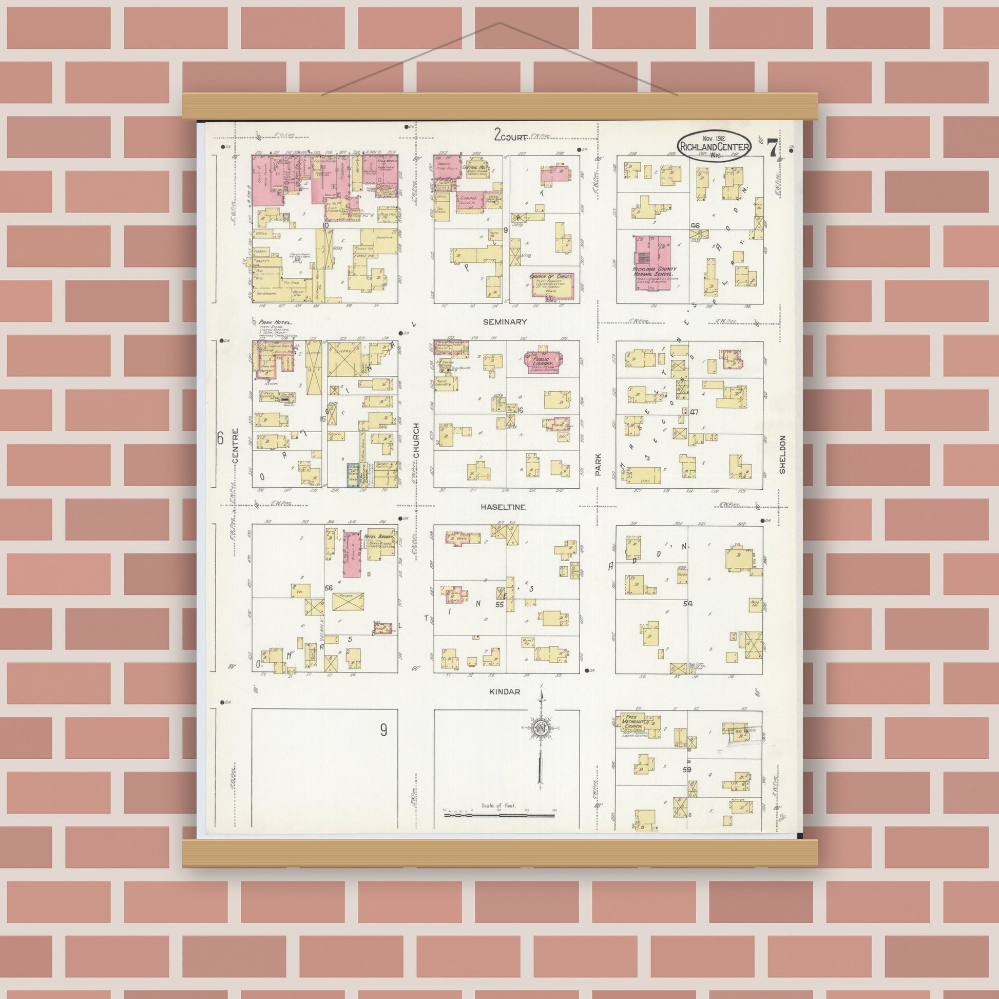 Old map wall art mockup — magnetic wood frame on brick wall — Sanborn Fire Insurance Map from Richland Center, Richland County, Wisconsin (1912), Sheet #0007