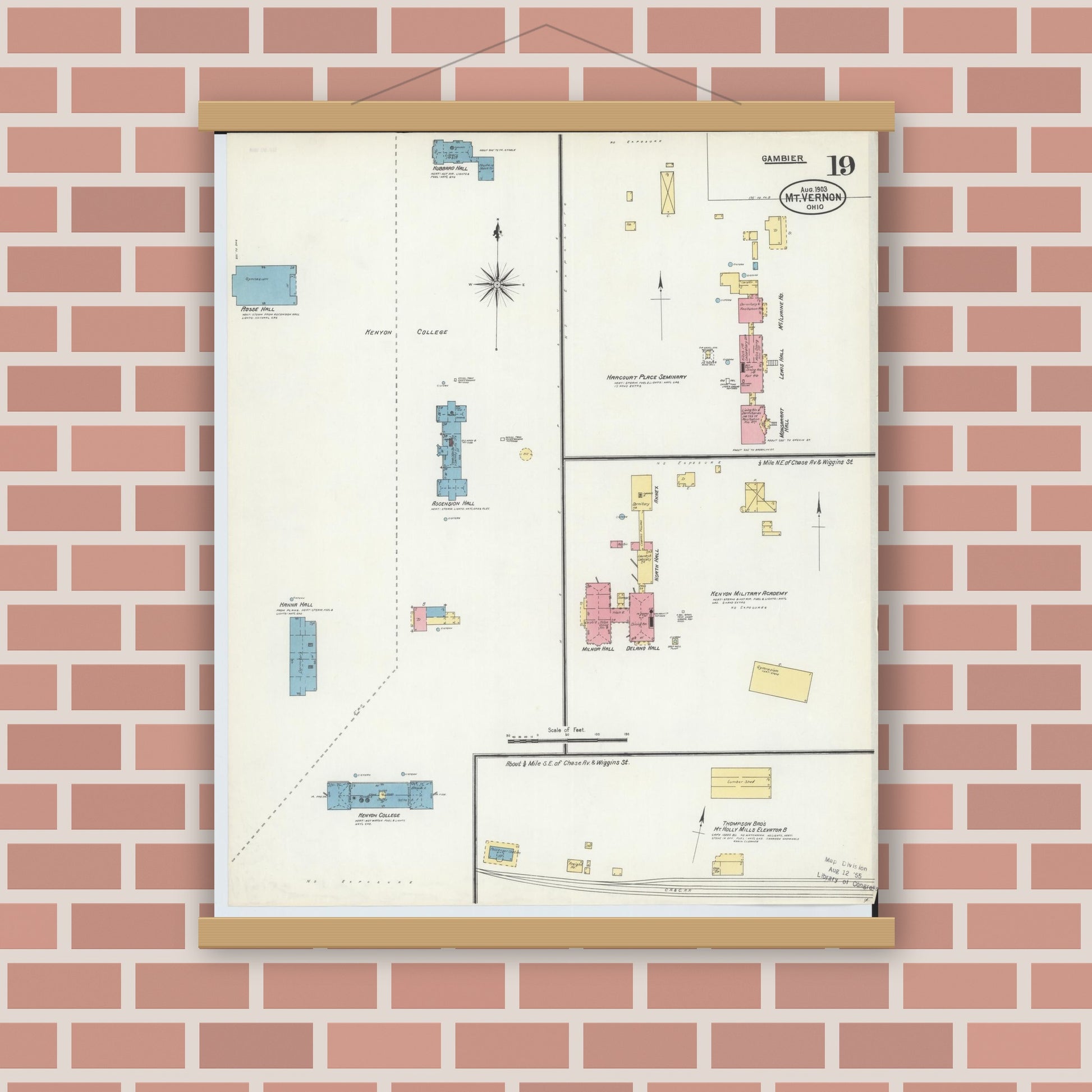 Old map wall art mockup — magnetic wood frame on brick wall — Sanborn Fire Insurance Map from Mount Vernon, Knox County, Ohio (1903), Sheet #0019