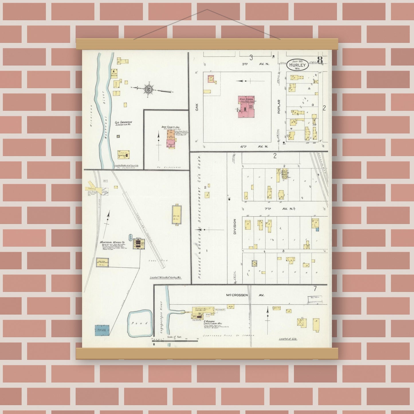 Old map wall art mockup — magnetic wood frame on brick wall — Sanborn Fire Insurance Map from Hurley, Iron County, Wisconsin (1913), Sheet #0008