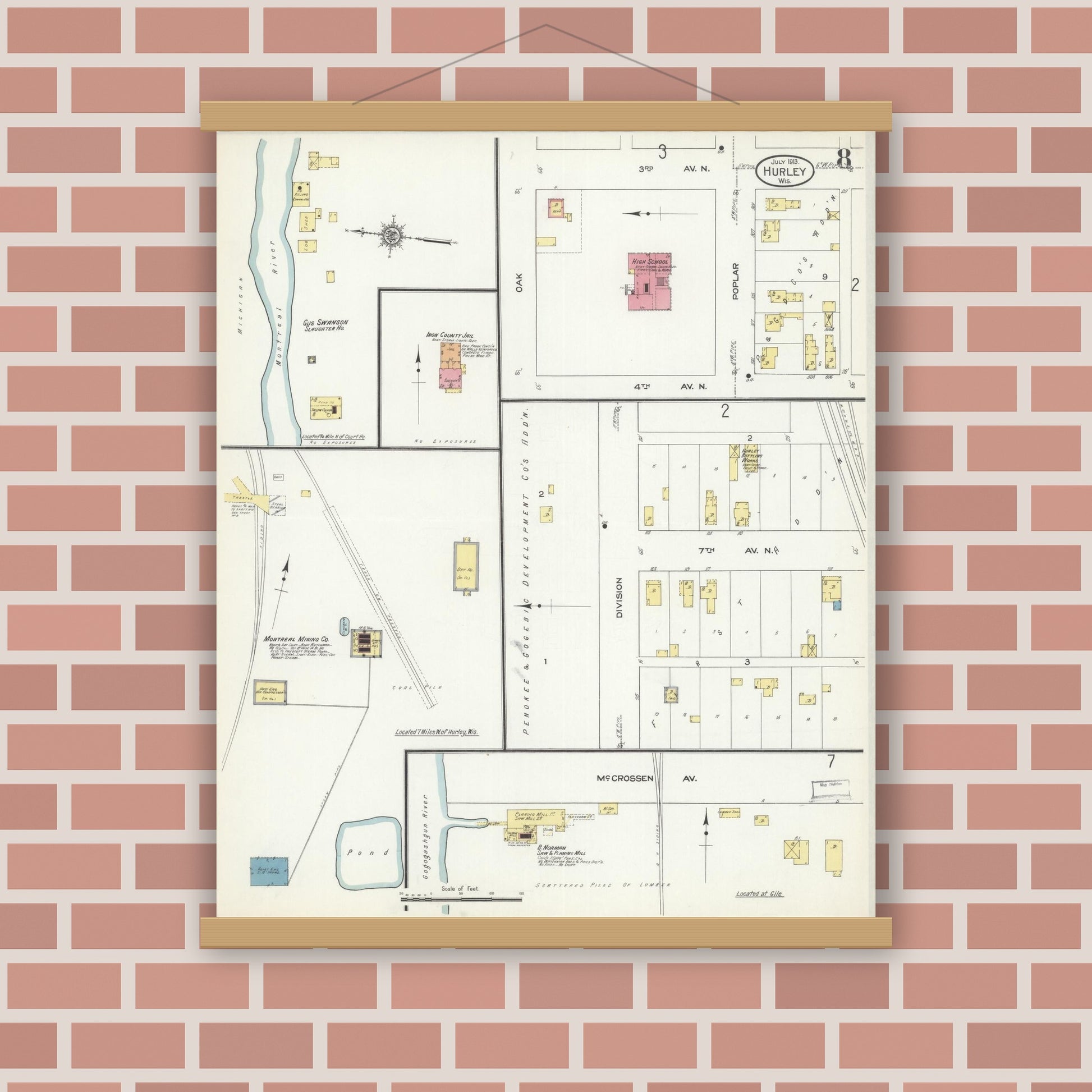 Old map wall art mockup — magnetic wood frame on brick wall — Sanborn Fire Insurance Map from Hurley, Iron County, Wisconsin (1913), Sheet #0008