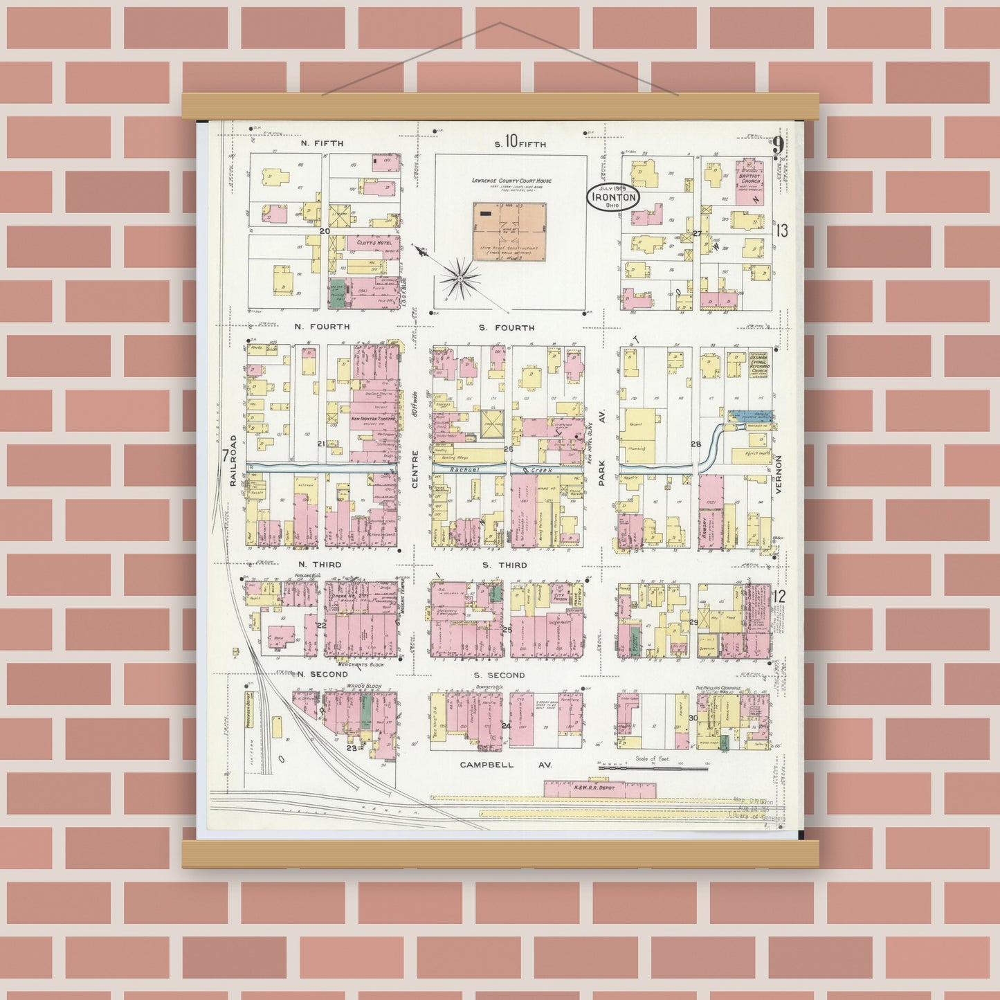 Old map wall art mockup — magnetic wood frame on brick wall — Sanborn Fire Insurance Map from Ironton, Lawrence County, Ohio (1909), Sheet #0009