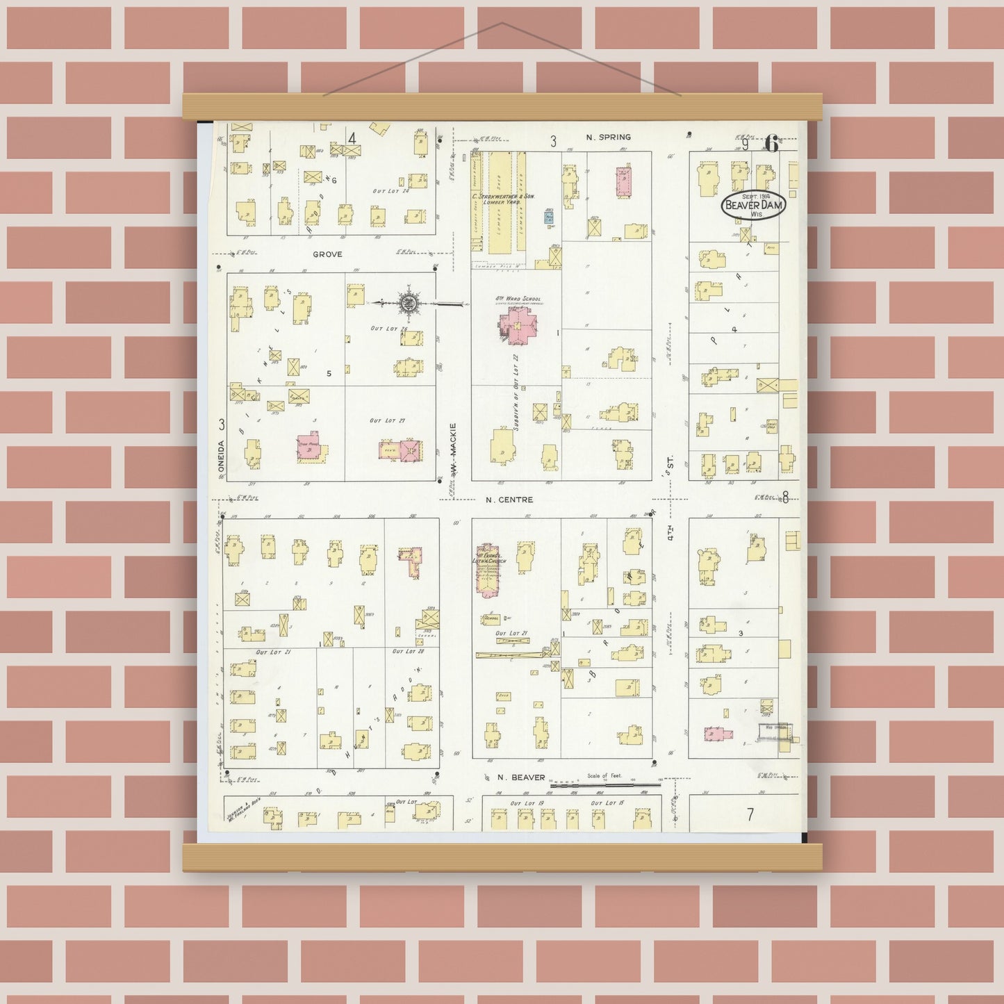 Old map wall art mockup — magnetic wood frame on brick wall — Sanborn Fire Insurance Map from Beaver Dam, Dodge County, Wisconsin (1914), Sheet #0006