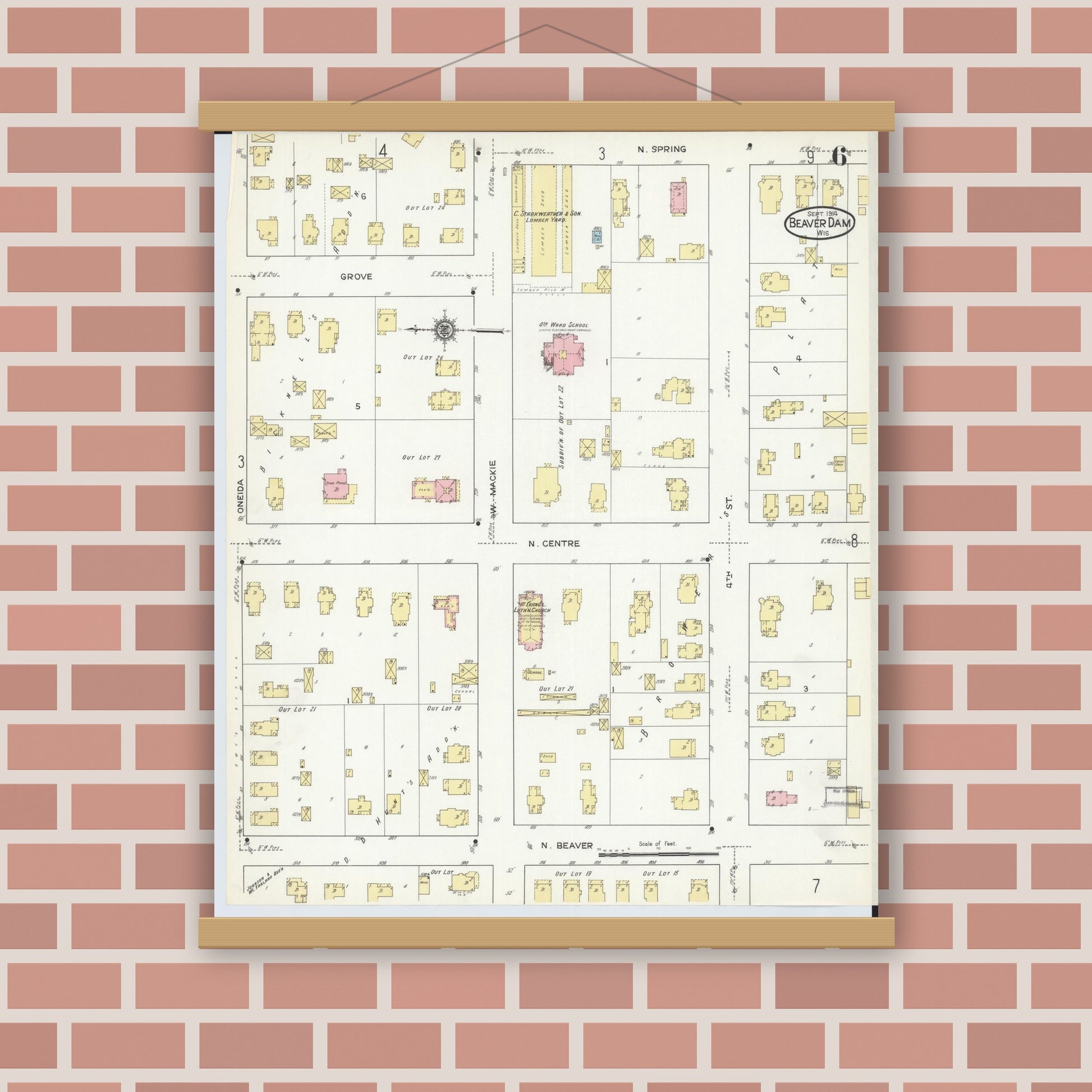 Old map wall art mockup — magnetic wood frame on brick wall — Sanborn Fire Insurance Map from Beaver Dam, Dodge County, Wisconsin (1914), Sheet #0006