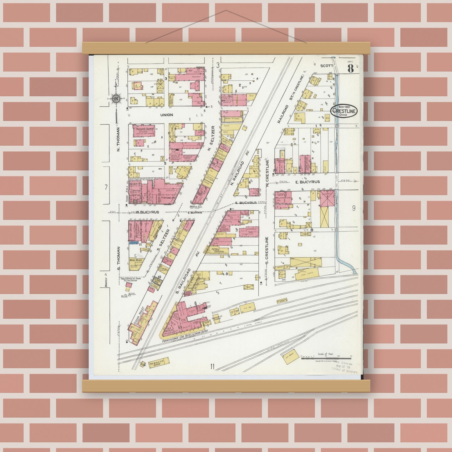 Old map wall art mockup — magnetic wood frame on brick wall — Sanborn Fire Insurance Map from Crestline, Crawford County, Ohio (1921), Sheet #0008