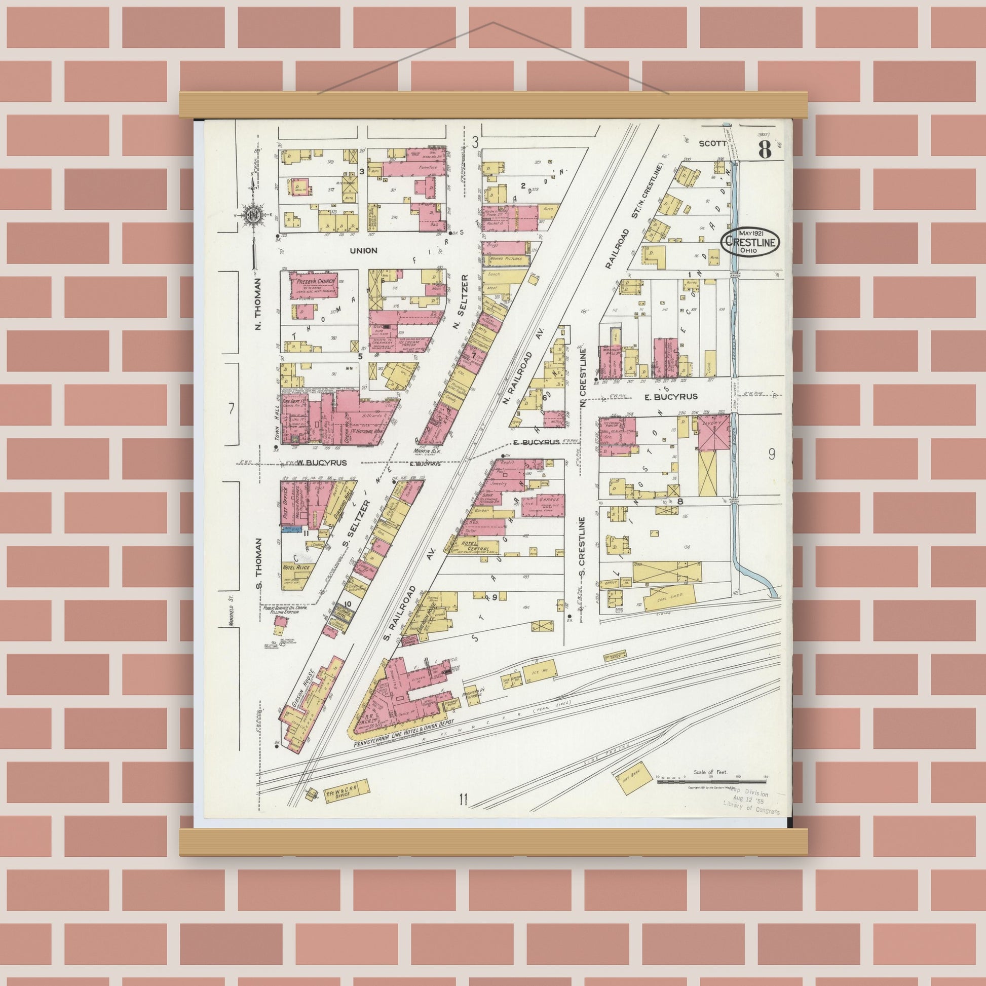 Old map wall art mockup — magnetic wood frame on brick wall — Sanborn Fire Insurance Map from Crestline, Crawford County, Ohio (1921), Sheet #0008