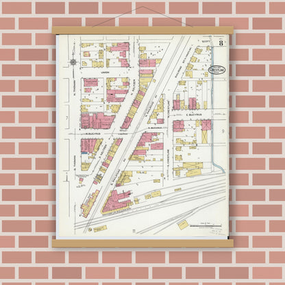 Old map wall art mockup — magnetic wood frame on brick wall — Sanborn Fire Insurance Map from Crestline, Crawford County, Ohio (1921), Sheet #0008