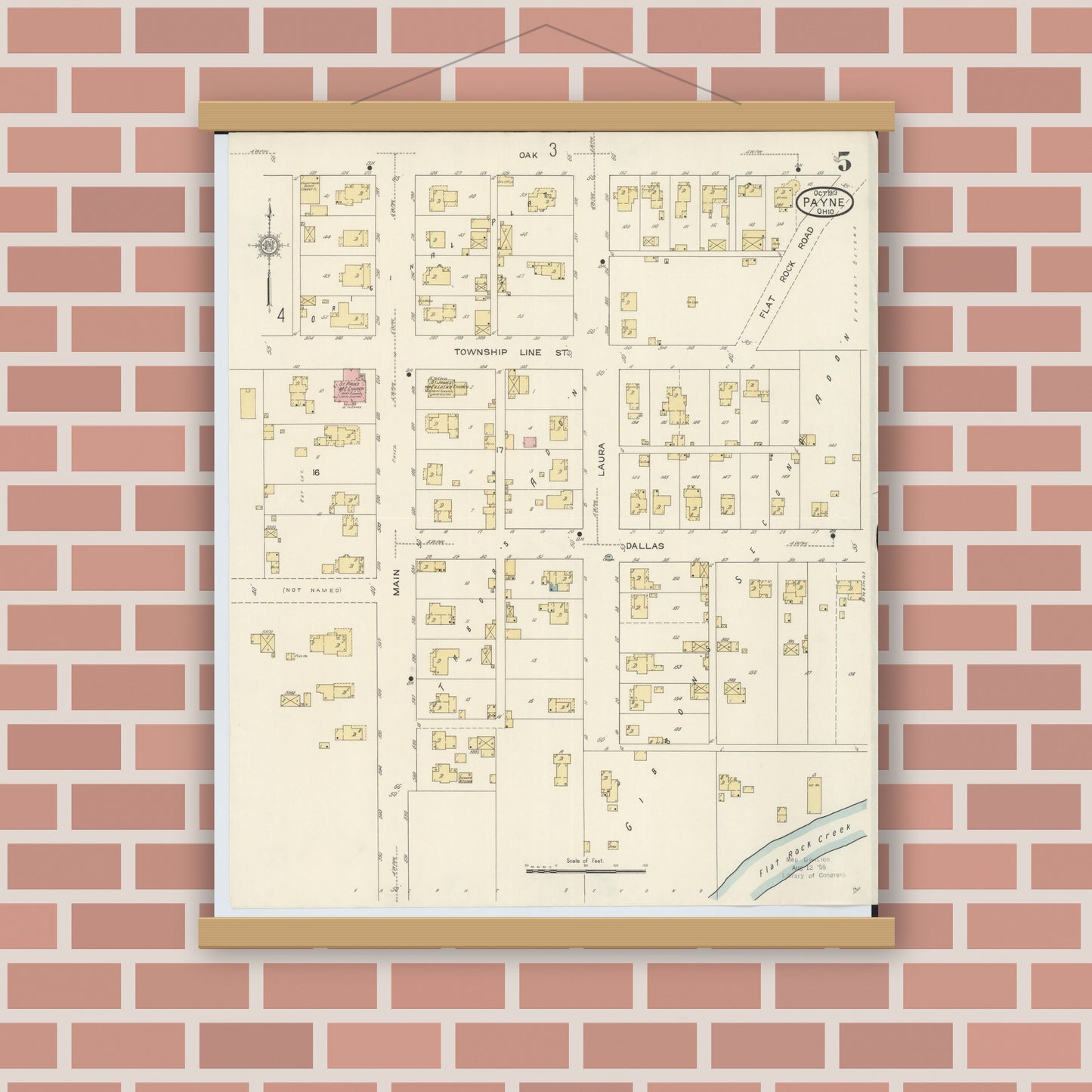 Old map wall art mockup — magnetic wood frame on brick wall — Sanborn Fire Insurance Map from Payne, Paulding County, Ohio (1913), Sheet #0005