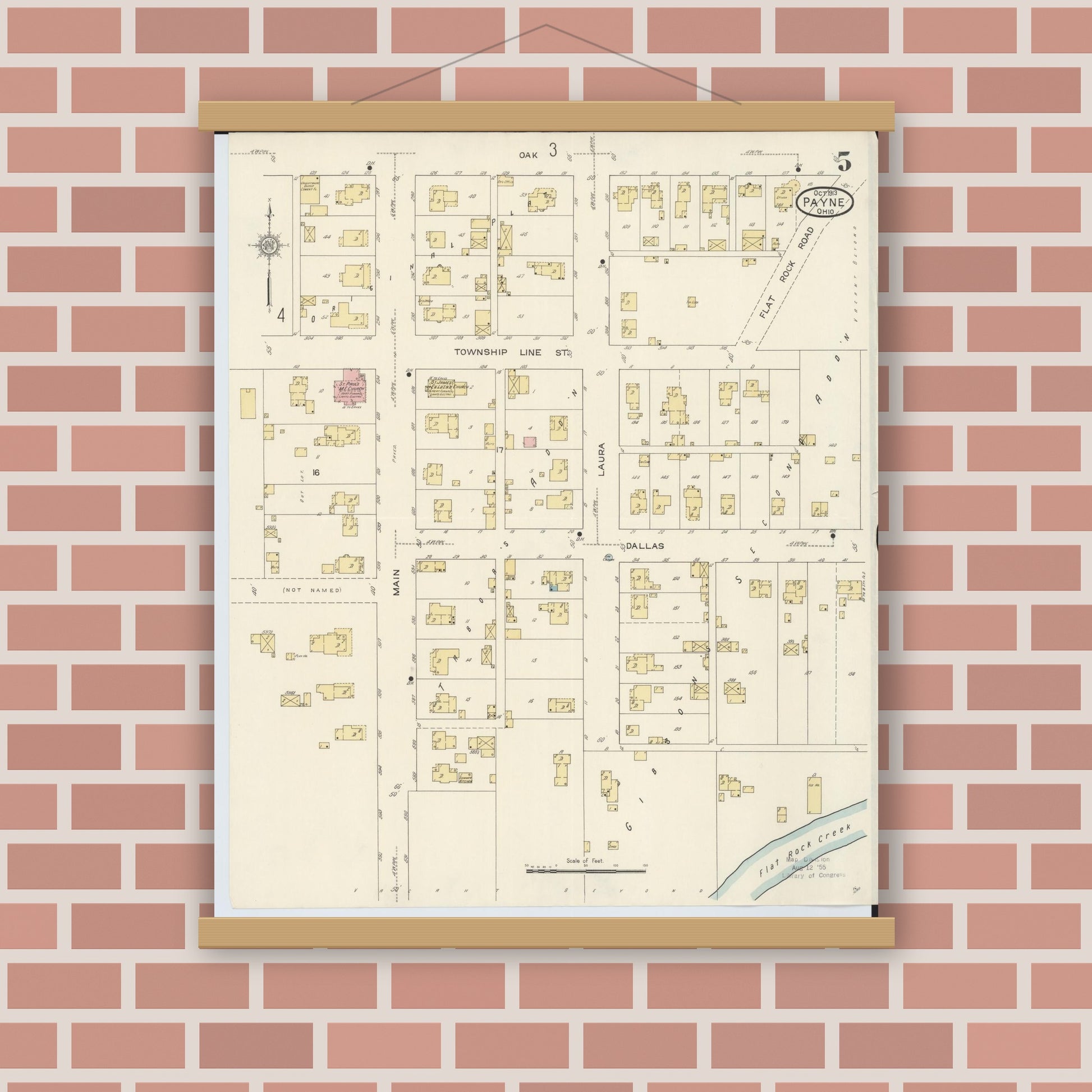 Old map wall art mockup — magnetic wood frame on brick wall — Sanborn Fire Insurance Map from Payne, Paulding County, Ohio (1913), Sheet #0005