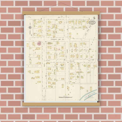 Old map wall art mockup — magnetic wood frame on brick wall — Sanborn Fire Insurance Map from Payne, Paulding County, Ohio (1913), Sheet #0005