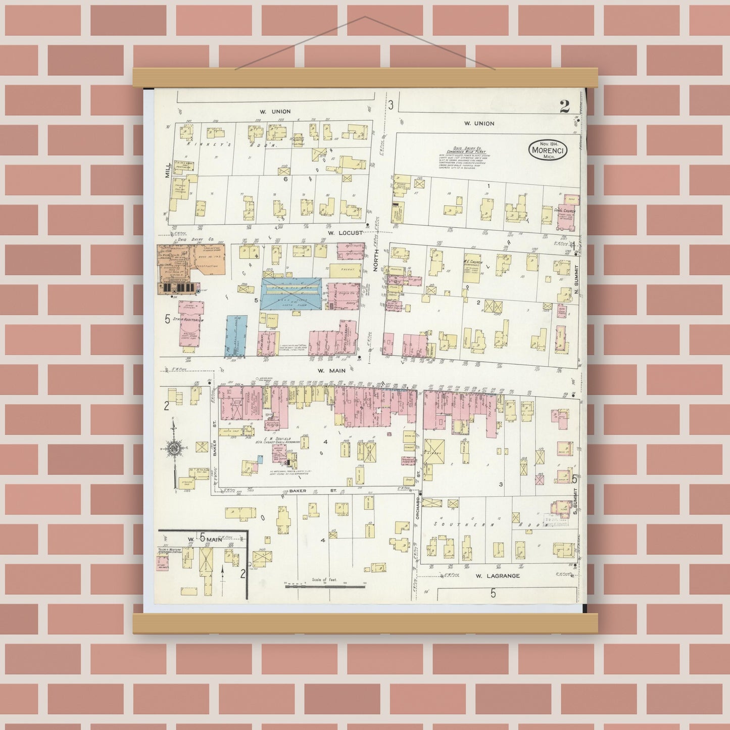 Old map wall art mockup — magnetic wood frame on brick wall — Sanborn Fire Insurance Map from Morenci, Lenawee County, Michigan (1914), Sheet #0002