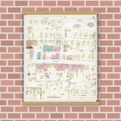 Old map wall art mockup — magnetic wood frame on brick wall — Sanborn Fire Insurance Map from Morenci, Lenawee County, Michigan (1914), Sheet #0002