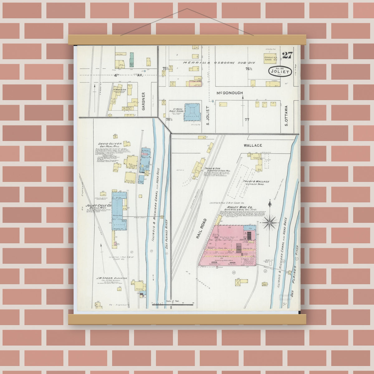 Old map wall art mockup — magnetic wood frame on brick wall — Sanborn Fire Insurance Map from Joliet, Will County, Illinois (1891), Sheet #0027