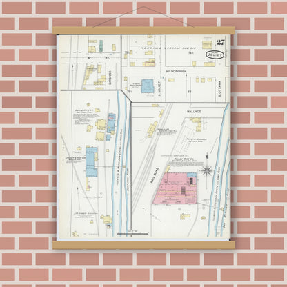 Old map wall art mockup — magnetic wood frame on brick wall — Sanborn Fire Insurance Map from Joliet, Will County, Illinois (1891), Sheet #0027