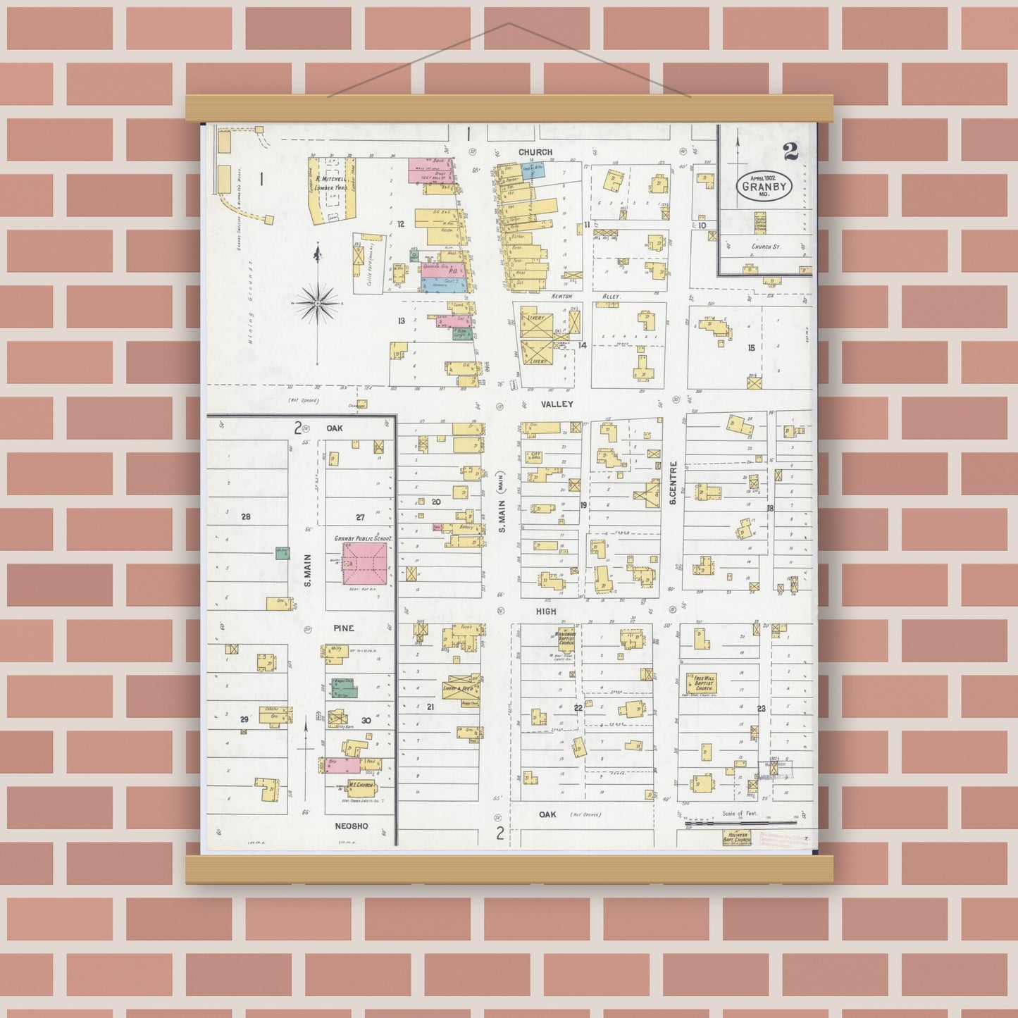 Old map wall art mockup — magnetic wood frame on brick wall — Sanborn Fire Insurance Map from Granby, Newton County, Missouri (1902), Sheet #0002