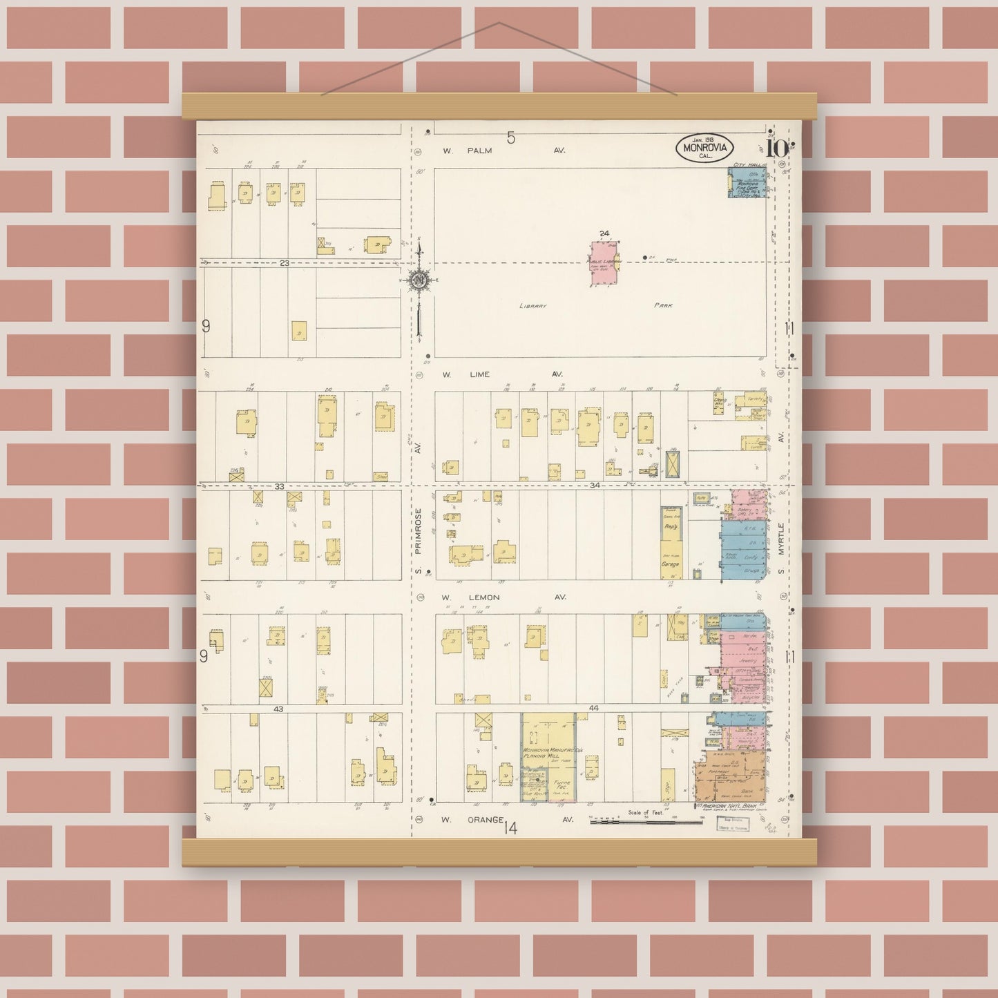Old map wall art mockup — magnetic wood frame on brick wall — Sanborn Fire Insurance Map from Monrovia, Los Angeles County, California (1913), Sheet #0010