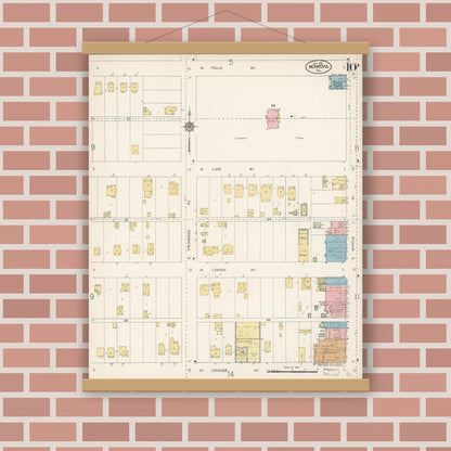 Old map wall art mockup — magnetic wood frame on brick wall — Sanborn Fire Insurance Map from Monrovia, Los Angeles County, California (1913), Sheet #0010