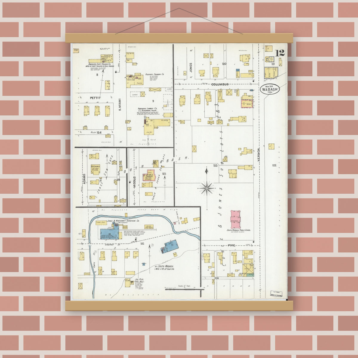 Old map wall art mockup — magnetic wood frame on brick wall — Sanborn Fire Insurance Map from Wabash, Wabash County, Indiana (1901), Sheet #0012