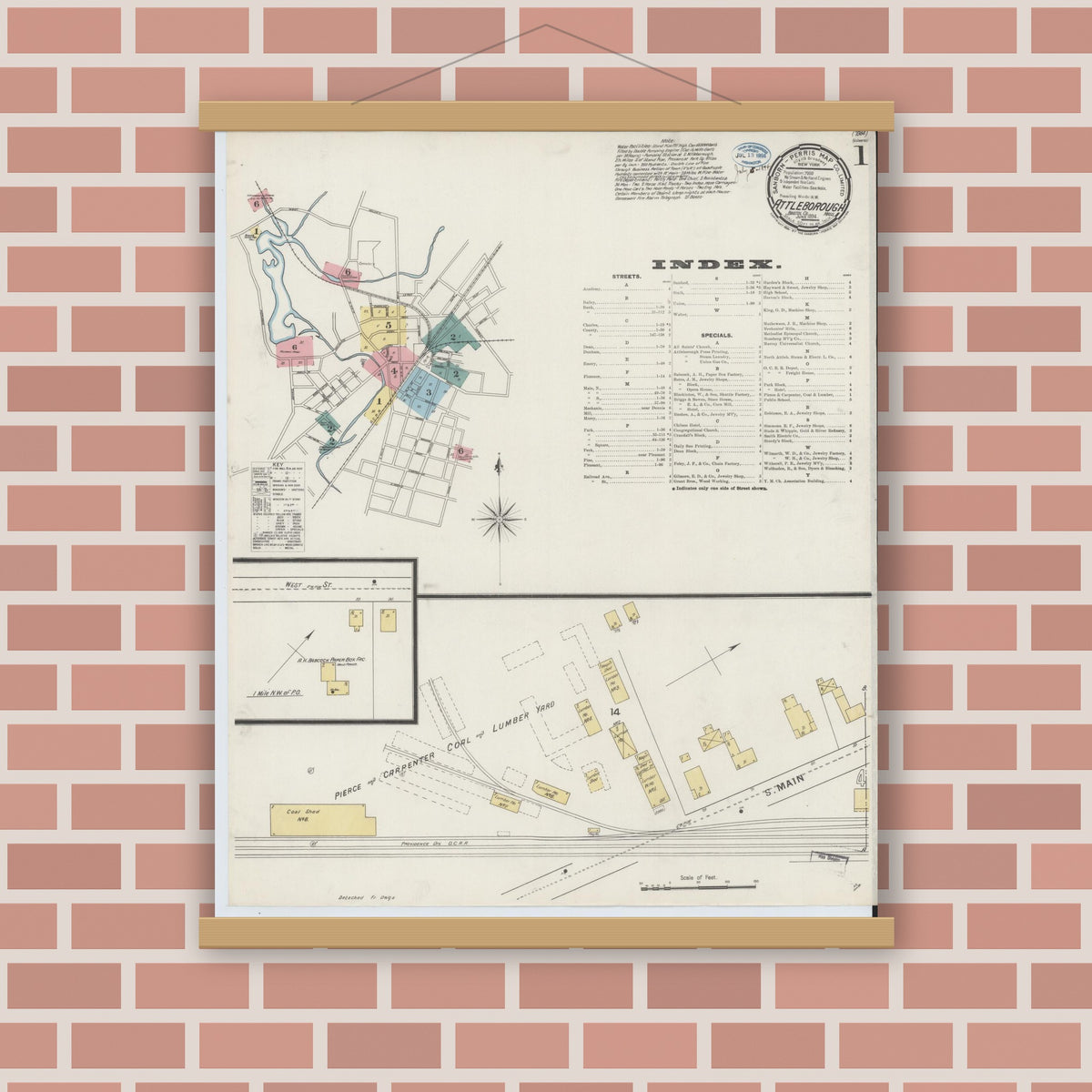 Old map wall art mockup — magnetic wood frame on brick wall — Sanborn Fire Insurance Map from Attleboro, Bristol County, Massachusetts (1894) - Complete Map Set