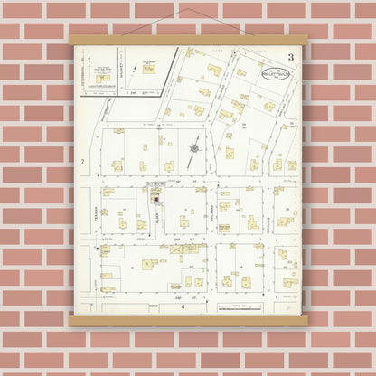 Old map wall art mockup — magnetic wood frame on brick wall — Sanborn Fire Insurance Map from Hallettsville, Lavaca County, Texas (1912), Sheet #0003