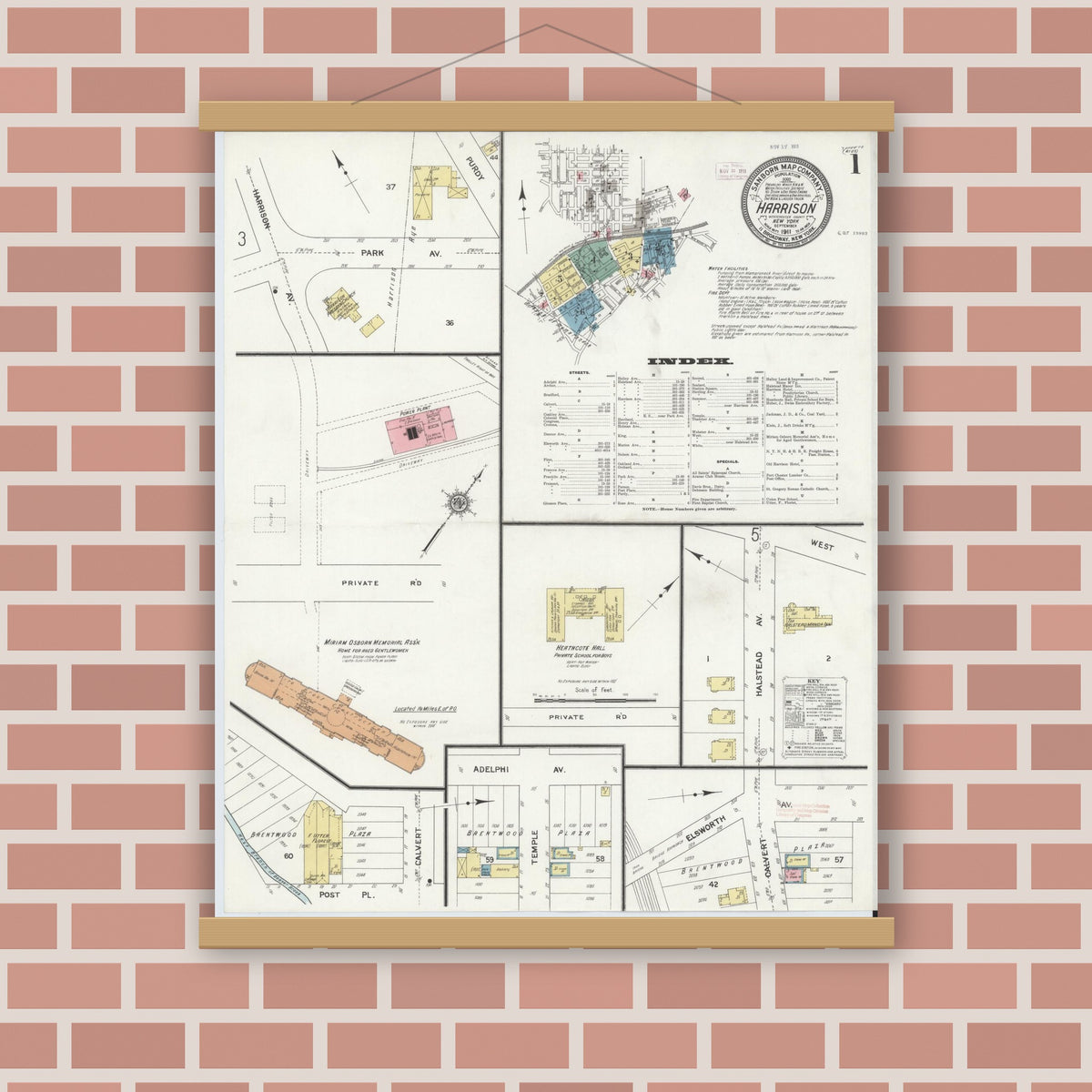 Old map wall art mockup — magnetic wood frame on brick wall — Sanborn Fire Insurance Map from Harrison, Westchester County, New York (1911), Sheet #0001