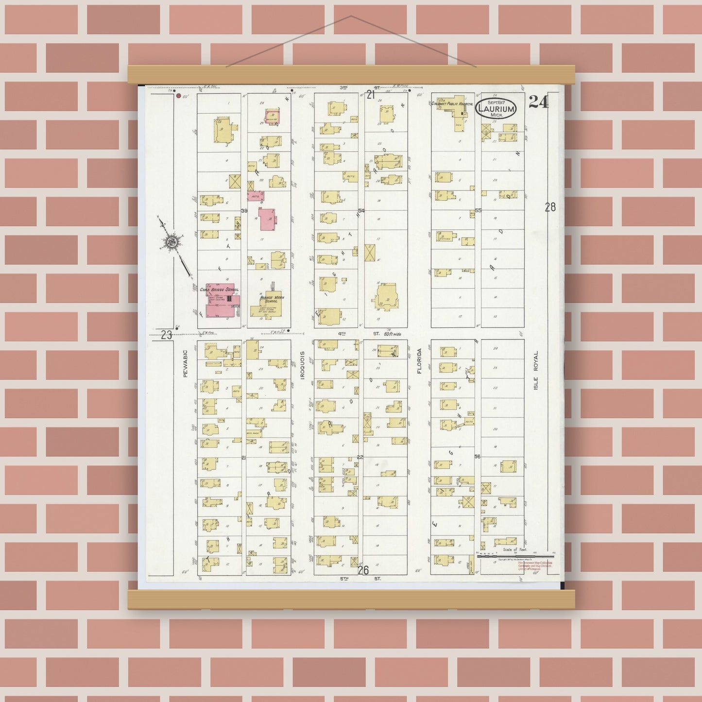Old map wall art mockup — magnetic wood frame on brick wall — Sanborn Fire Insurance Map from Laurium, Houghton County, Michigan (1917), Sheet #0024