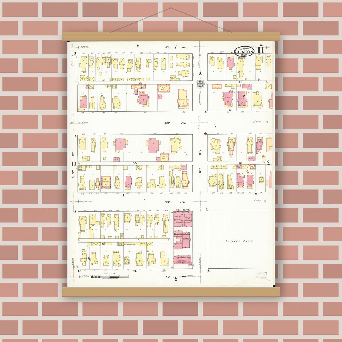 Old map wall art mockup — magnetic wood frame on brick wall — Sanborn Fire Insurance Map from Clinton, Clinton County, Iowa (1917), Sheet #0011
