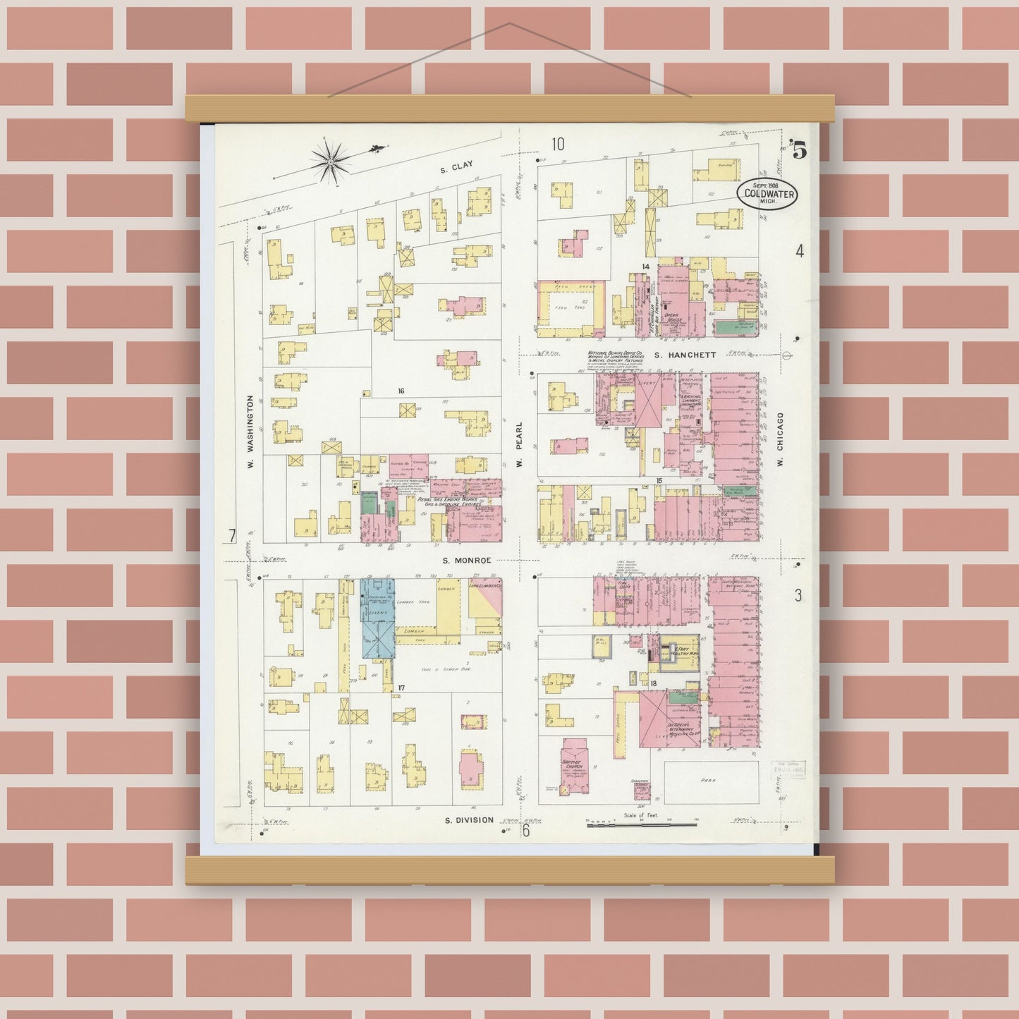 Old map wall art mockup — magnetic wood frame on brick wall — Sanborn Fire Insurance Map from Coldwater, Branch County, Michigan (1908), Sheet #0005