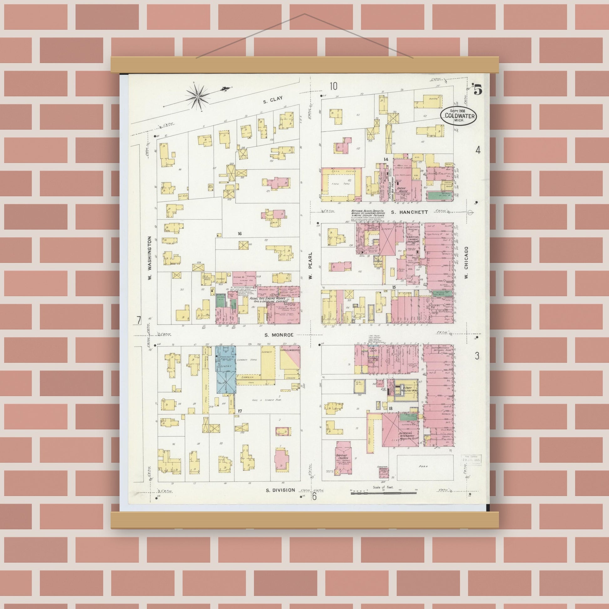 Old map wall art mockup — magnetic wood frame on brick wall — Sanborn Fire Insurance Map from Coldwater, Branch County, Michigan (1908), Sheet #0005