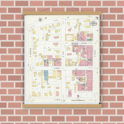 Old map wall art mockup — magnetic wood frame on brick wall — Sanborn Fire Insurance Map from Coldwater, Branch County, Michigan (1908), Sheet #0005