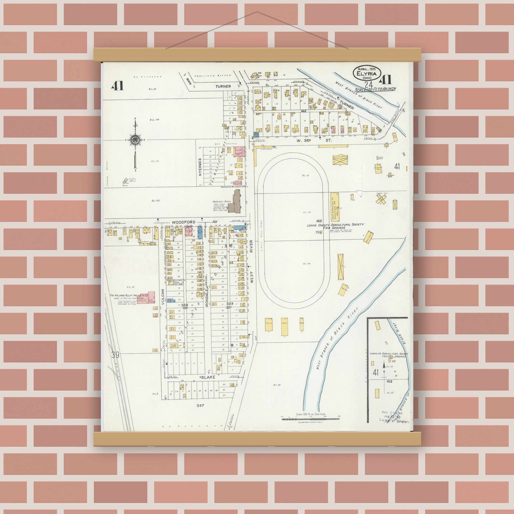 Old map wall art mockup — magnetic wood frame on brick wall — Sanborn Fire Insurance Map from Elyria, Lorain County, Ohio (1925), Sheet #0041