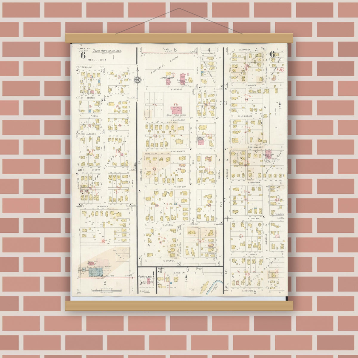 Old map wall art mockup — magnetic wood frame on brick wall — Sanborn Fire Insurance Map from Tomah, Monroe County, Wisconsin (1944), Sheet #0006