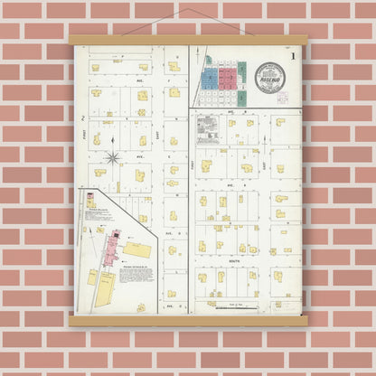 Old map wall art mockup — magnetic wood frame on brick wall — Sanborn Fire Insurance Map from Rosebud, Falls County, Texas (1903) - Complete Map Set